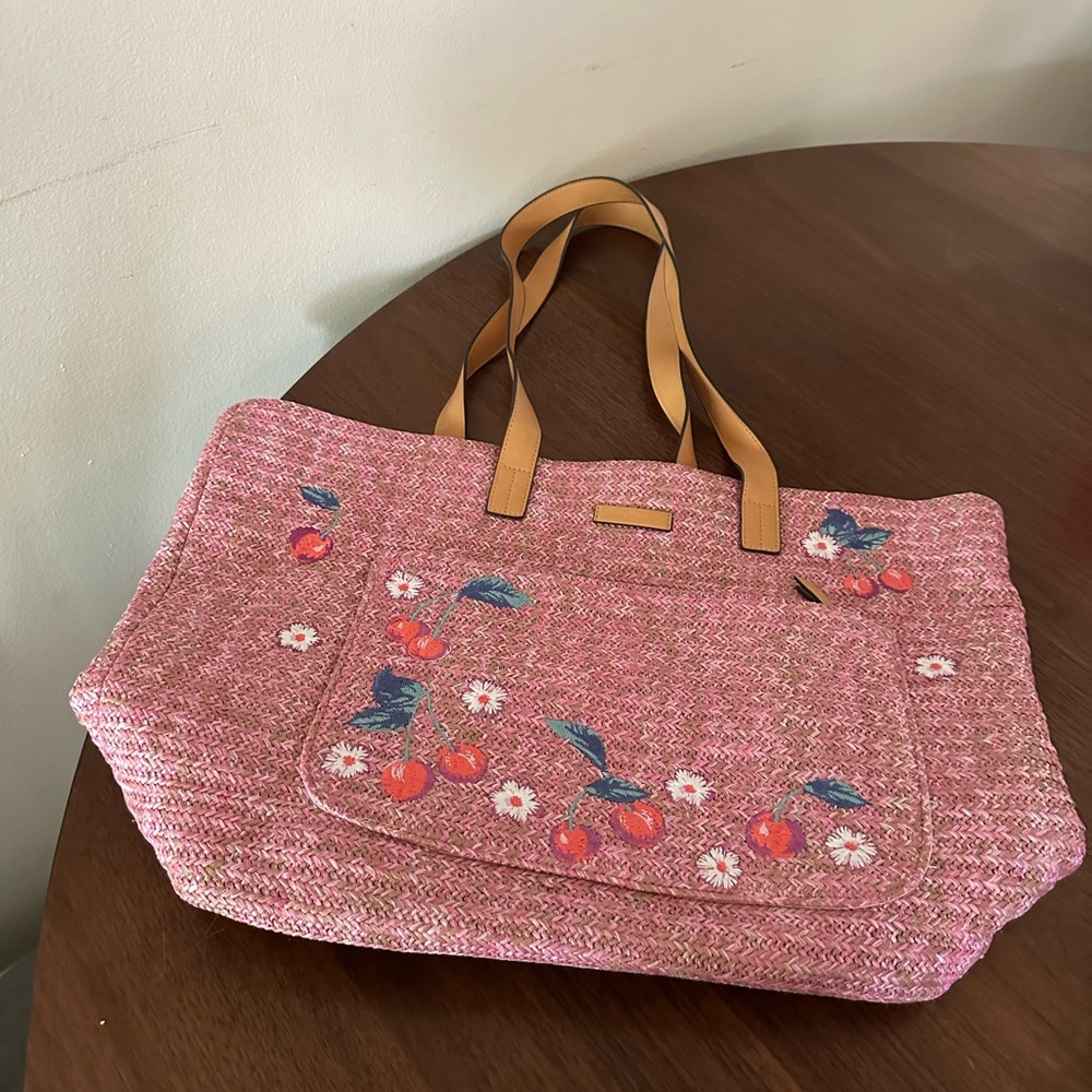 Vera Bradley Pink Straw Cherry Embroidered Tote Bag with Tan Handles